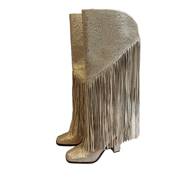 NWOT Jessica Simpson Gold Asire2 Rhinestone Embellished Fringe Boots, Sz… - Picture 6 of 14